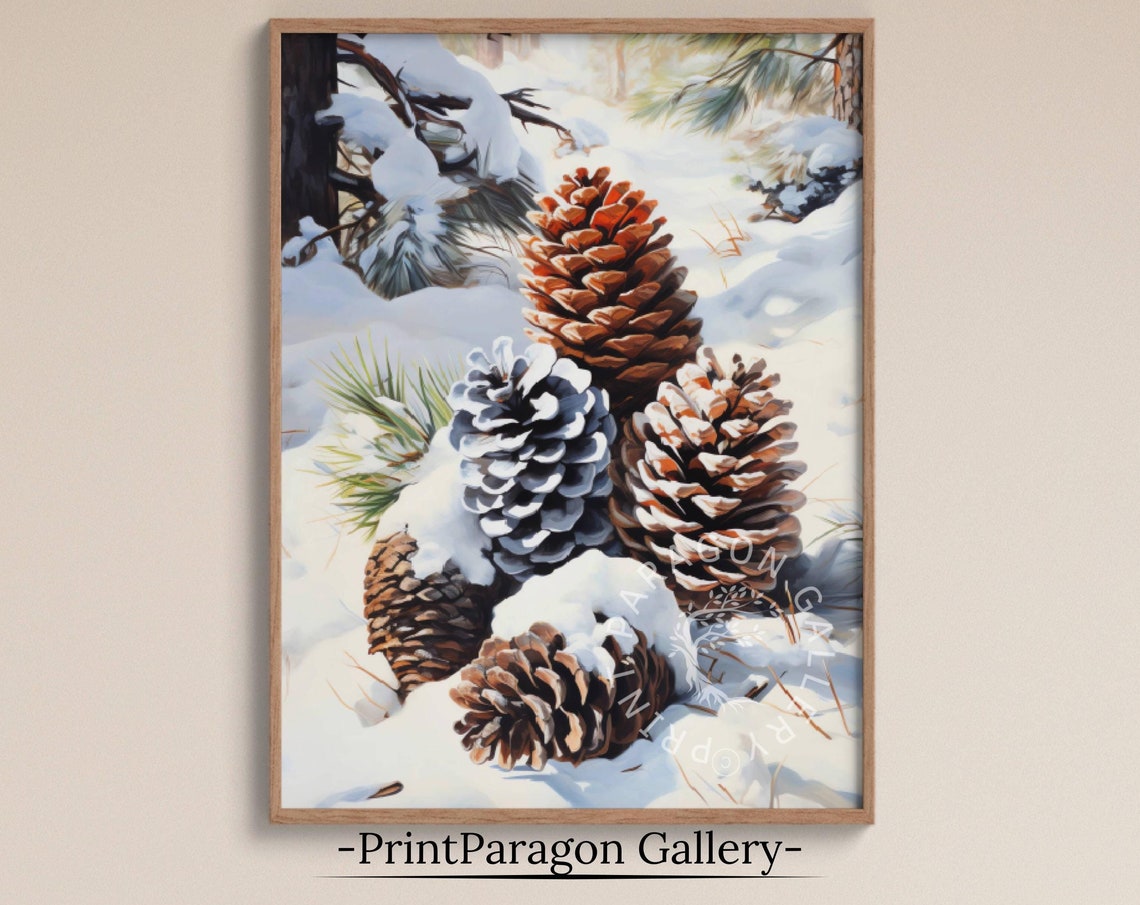 Snowy Pine Cones in Winter Forest Rustic Holiday Nature Art Poster