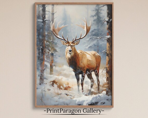 Winter Stag in Snowy Forest Majestic Antlered Deer Watercolor Poster