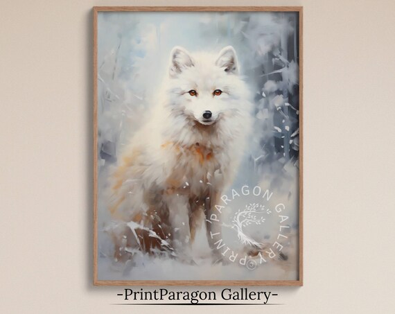 Arctic Fox in Snowy Forest White Fox Winter Wildlife Painting Poster