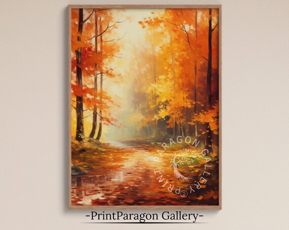 Golden Autumn Forest Path Vibrant Fall Foliage Landscape Wall Art