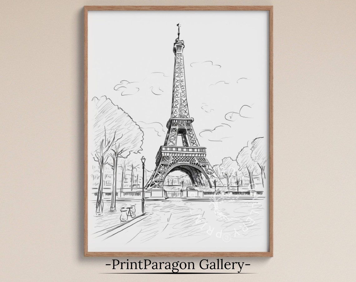 Eiffel Tower Park Sketch Paris Line Drawing Trees Bicycle Scene Poster