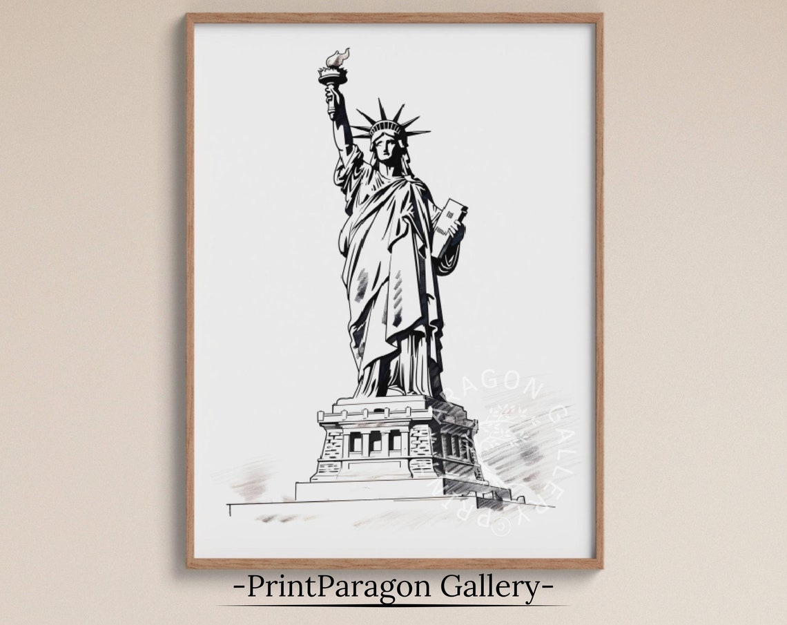 Statue Of Liberty New York Ink Sketch Black White Monument Line Poster