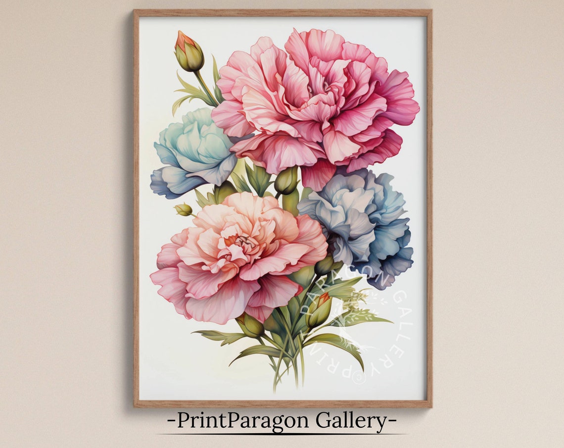 Pastel Carnation Blooms Pink Peach and Blue Watercolor Art Poster