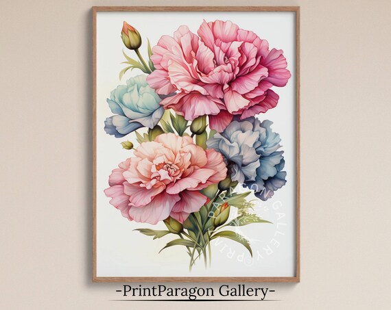 Pastel Carnation Blooms Pink Peach and Blue Watercolor Art Poster