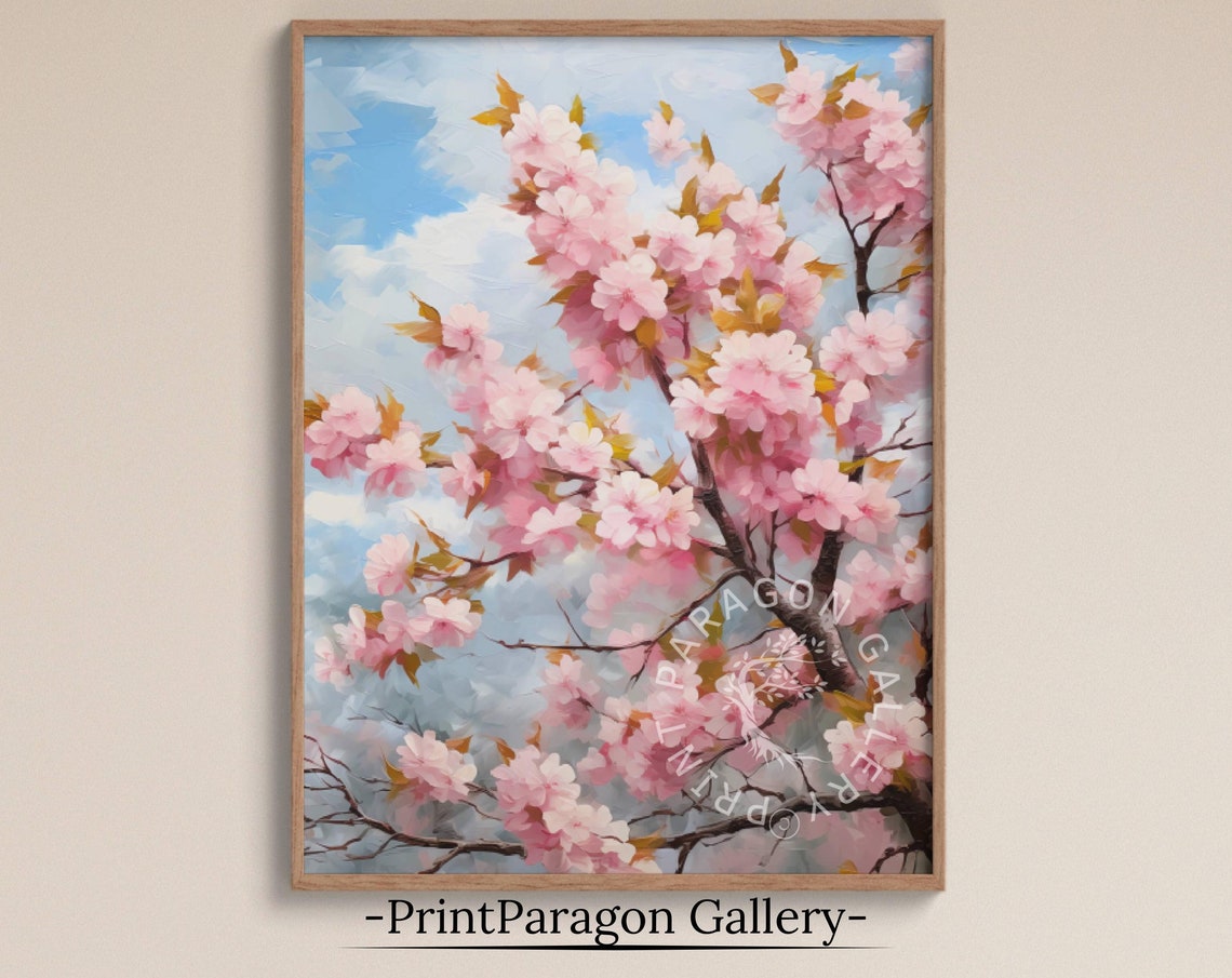 Cherry Blossom Tree in Full Bloom Blue Sky Impressionist Art Poster