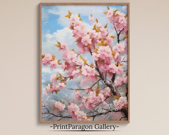 Cherry Blossom Tree in Full Bloom Blue Sky Impressionist Art Poster