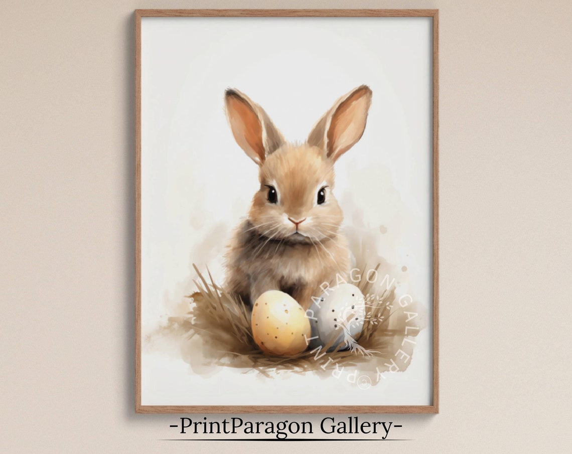 Sweet Cute Bunny Rabbit with Easter Eggs Watercolor Animal Poster