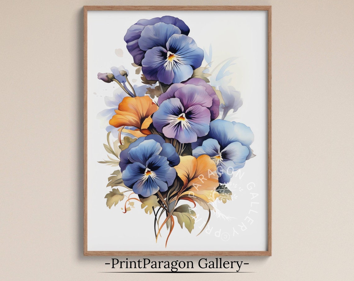 Violet and Orange Pansy Blossoms Watercolor Floral Art Poster