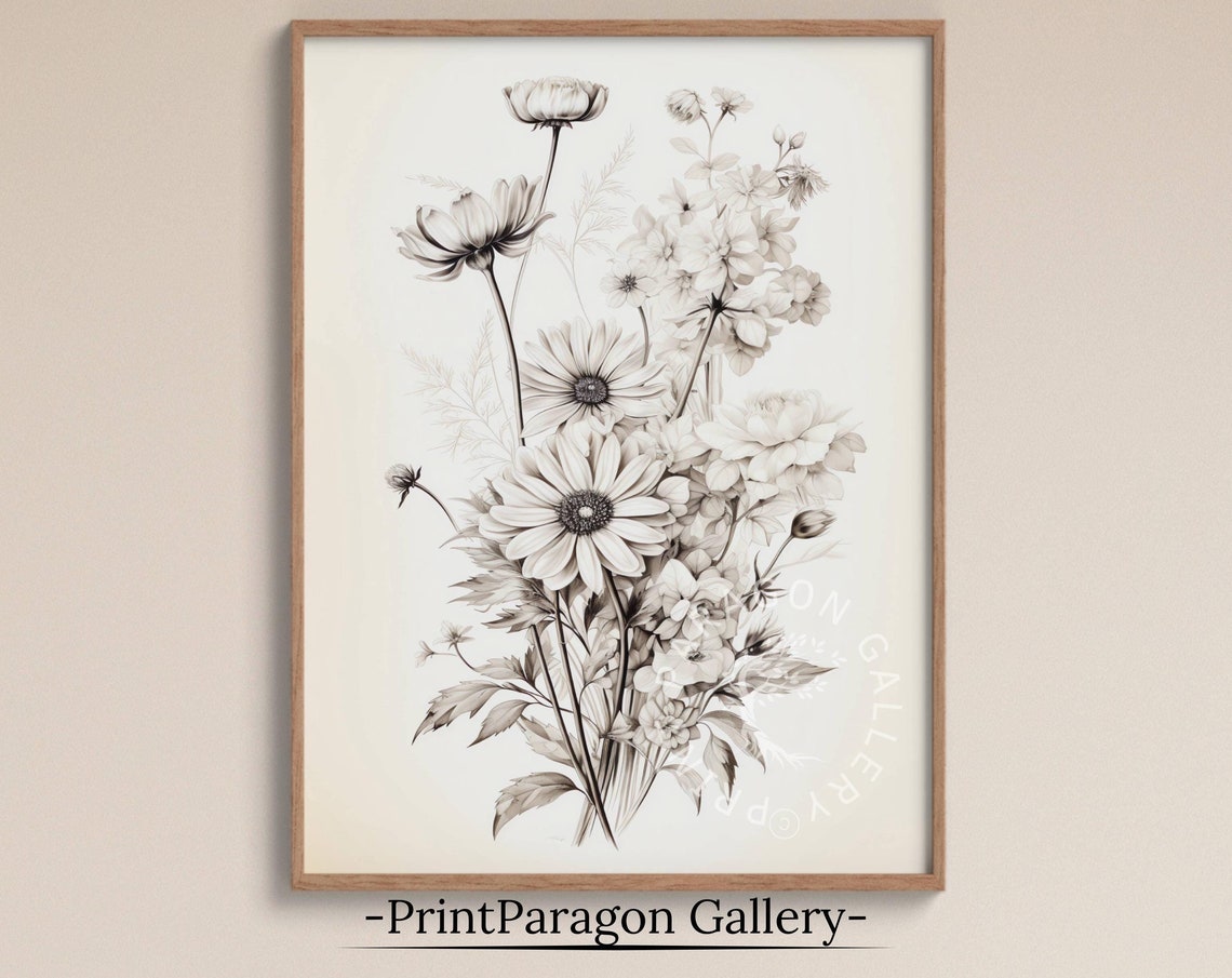 Vintage Wildflower Sketch Ink Blooms Daisies and Cosmos Art Poster