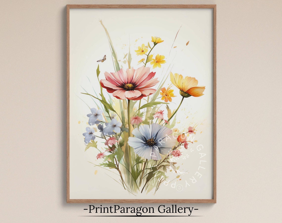 Pastel Wildflower Cosmos Bouquet Watercolor with Butterfly Poster