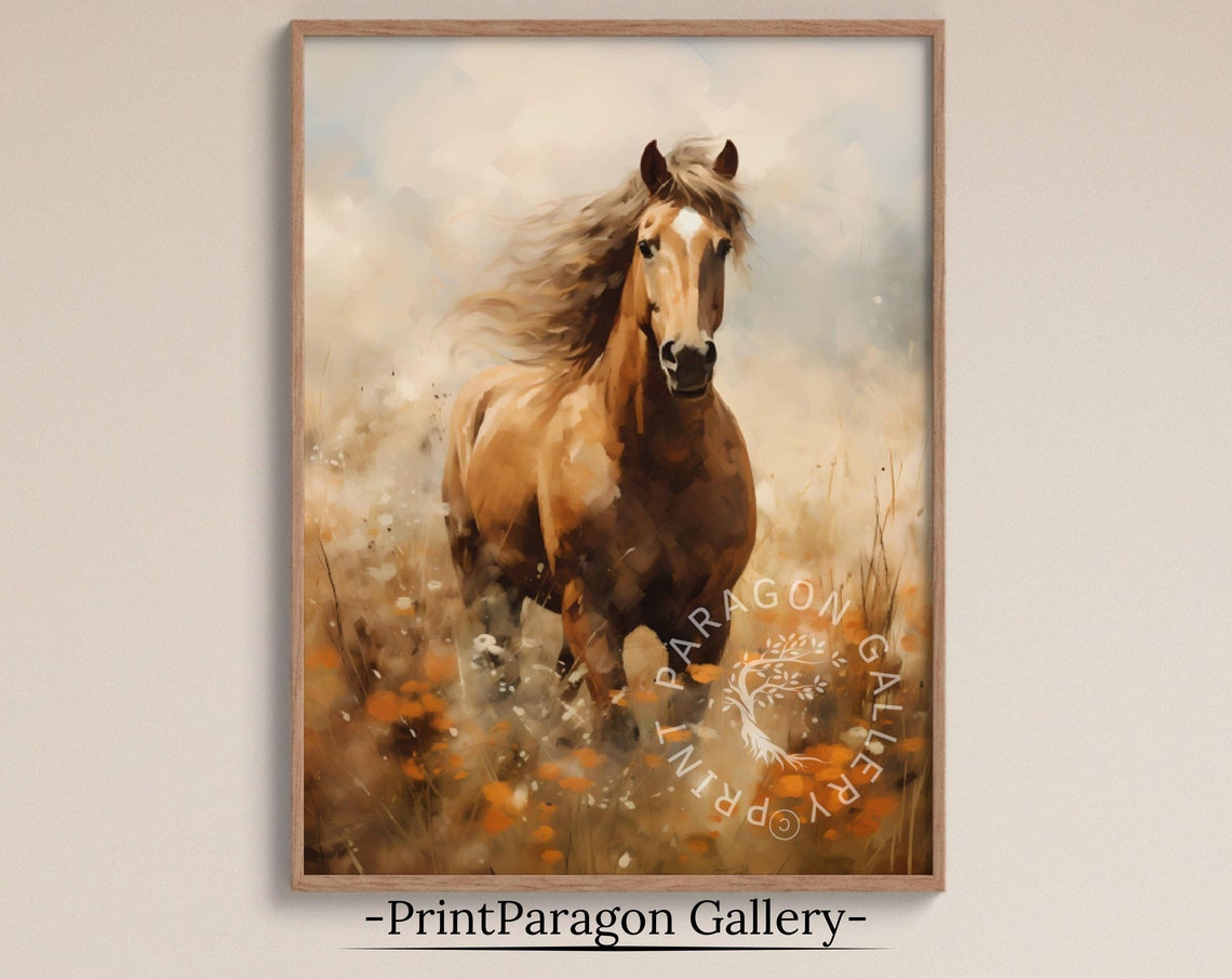 Chestnut Horse Galloping Through Autumn Field Wildflower Art Poster