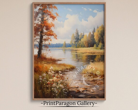 Autumn Lake Orange Tree Wildflowers Fall Forest Landscape Poster
