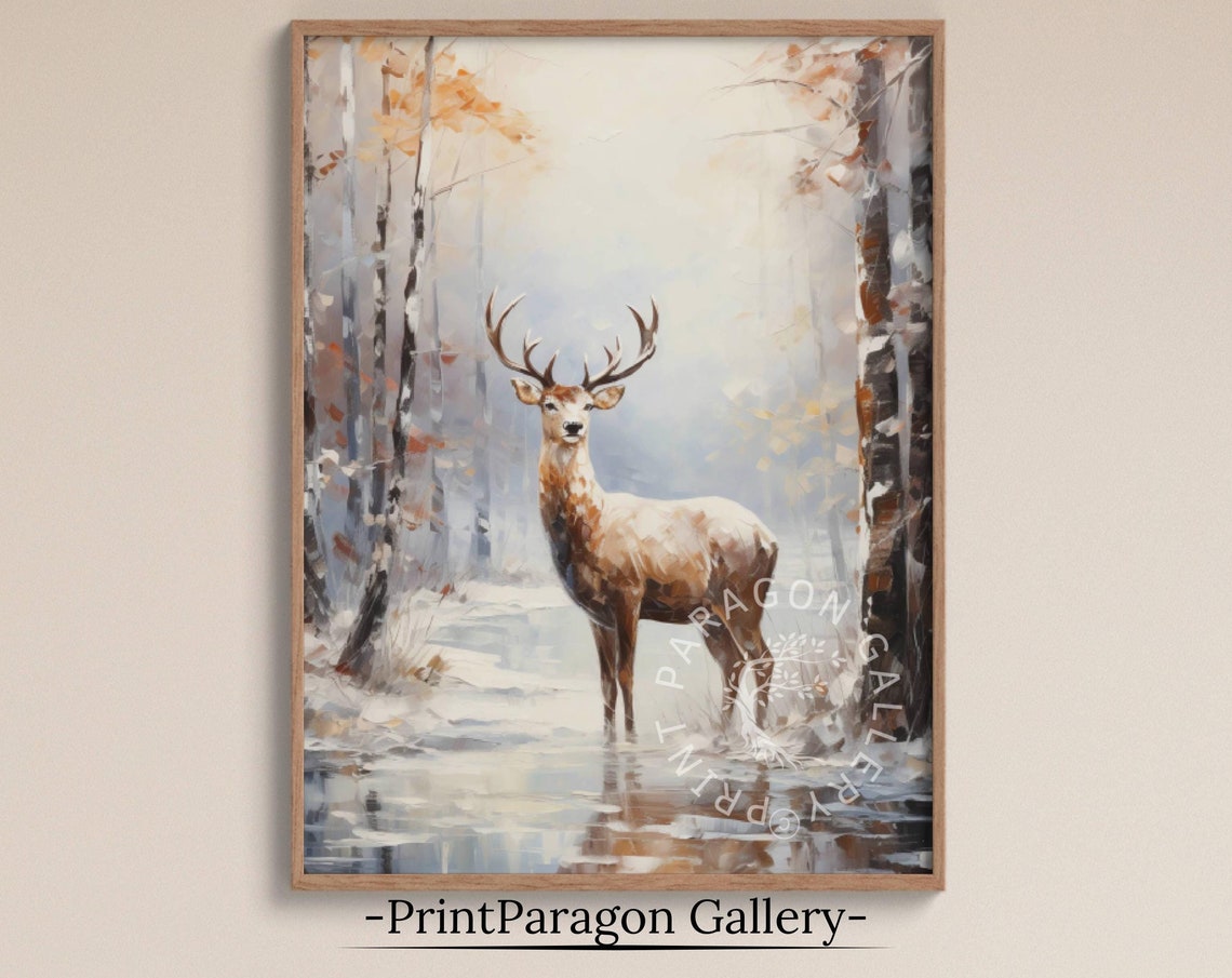 Buck in Autumn Birch Forest Antlered Deer by the Creek Painting Poster