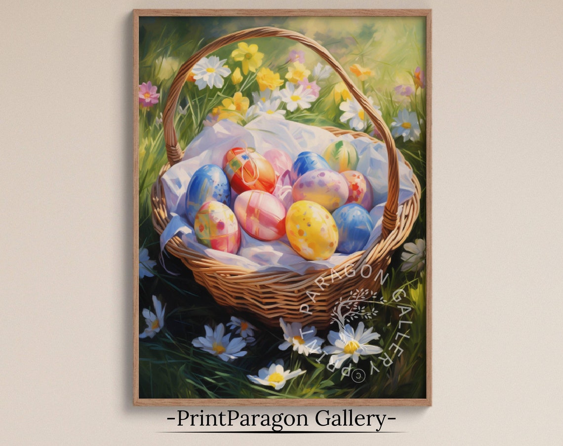 Easter Basket with Painted Eggs Spring Meadow Oil Painting Poster