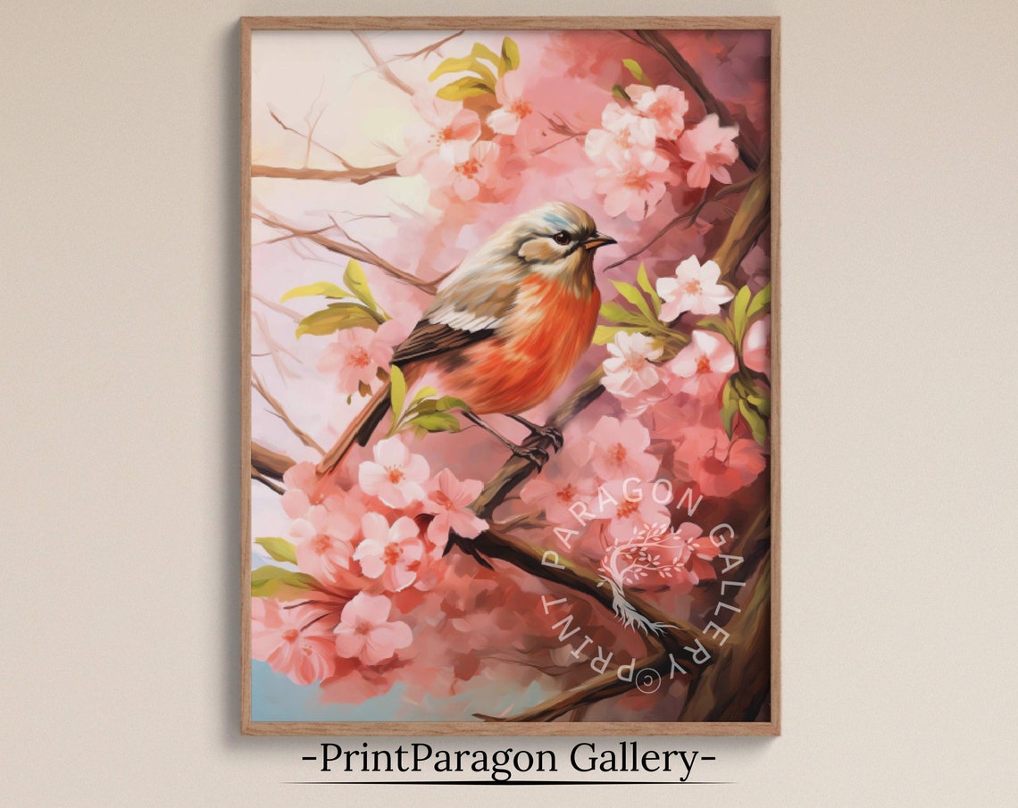 Songbird on Cherry Blossom Branch Pink Spring Blooms Art Poster