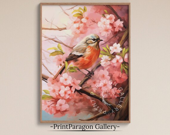 Songbird on Cherry Blossom Branch Pink Spring Blooms Art Poster