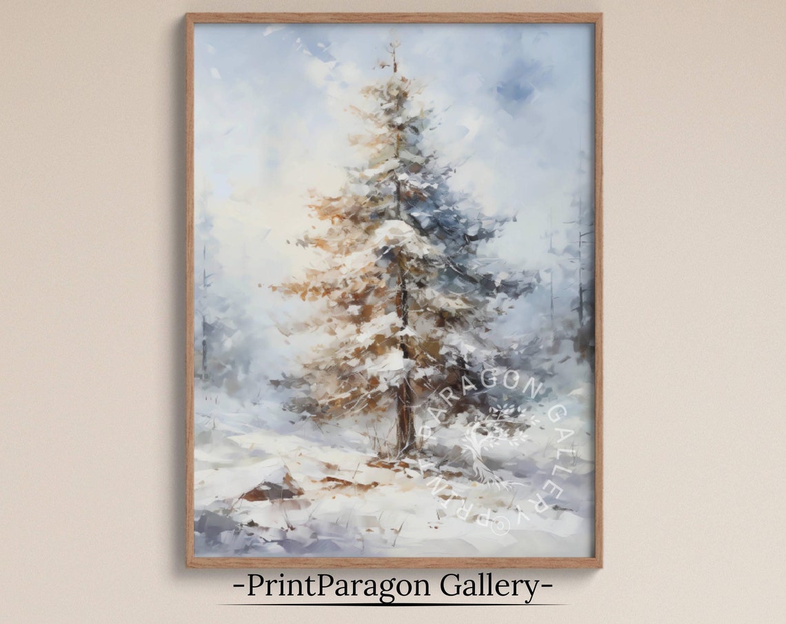 Lone Snowy Pine Tree Winter Watercolor Minimalist Landscape Wall Art