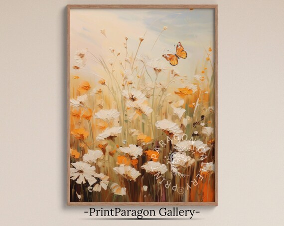 Monarch Butterfly Over Wildflower Meadow Impressionist Floral Poster