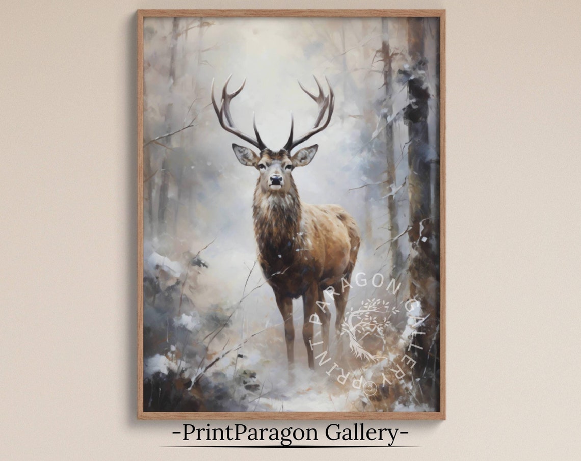 Winter Stag Emerging from Misty Snowy Forest Oil Painting Poster