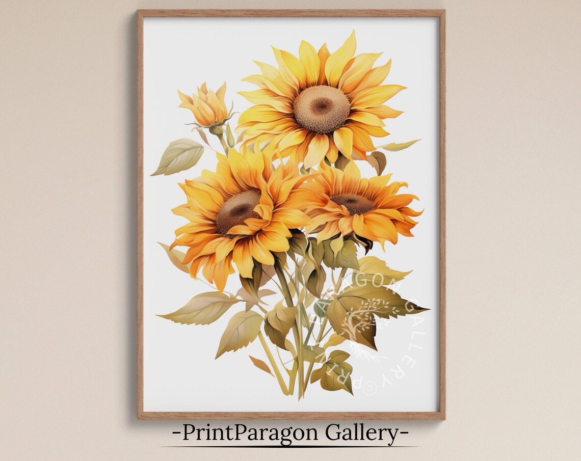 Golden Sunflower Trio Bright Yellow Blooms Watercolor Art Poster