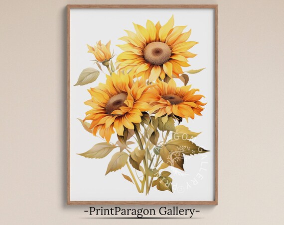 Golden Sunflower Trio Bright Yellow Blooms Watercolor Art Poster