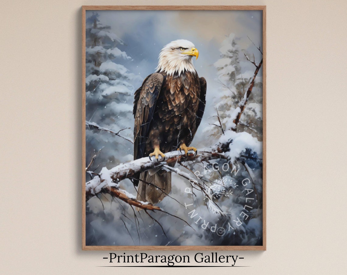 Bald Eagle Perched on Snowy Branch Winter Raptor Oil Painting Poster