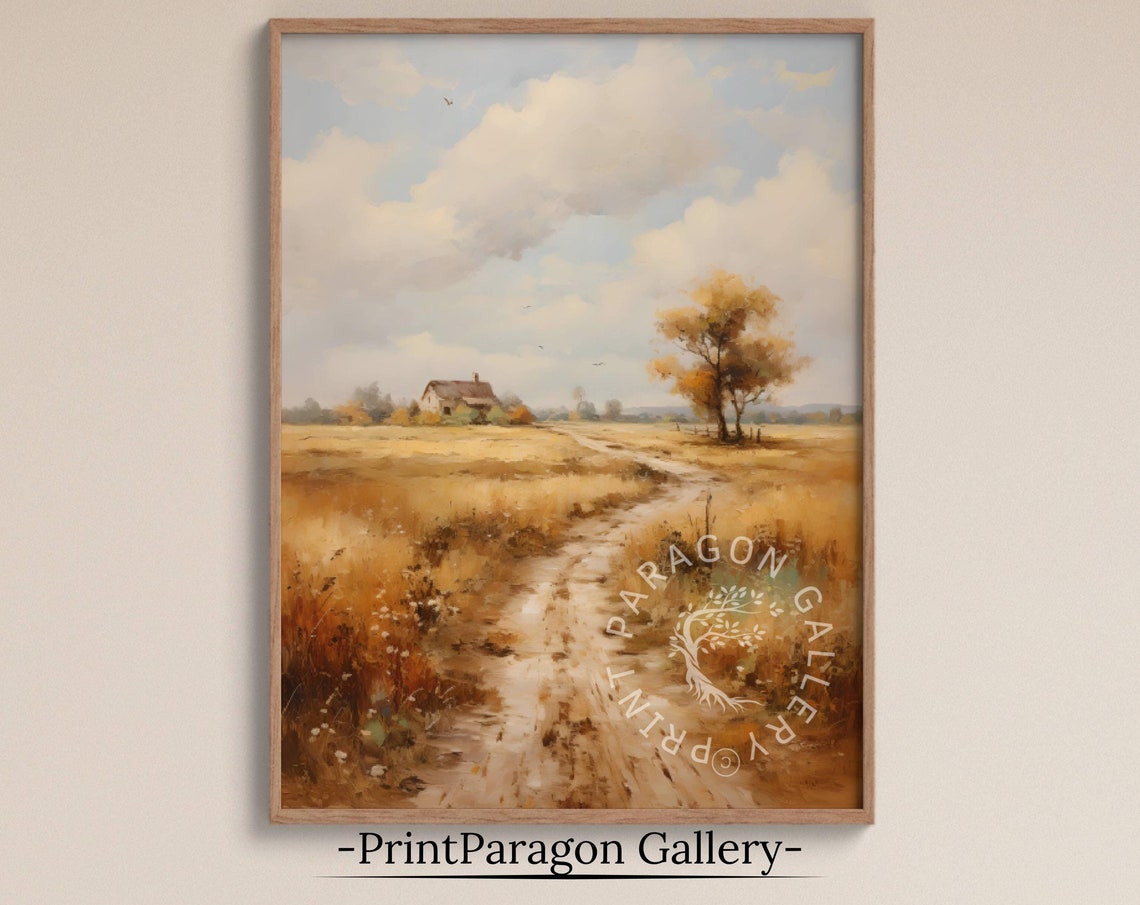 Golden Wheat Field Country Cottage Dirt Road Fall Landscape Poster