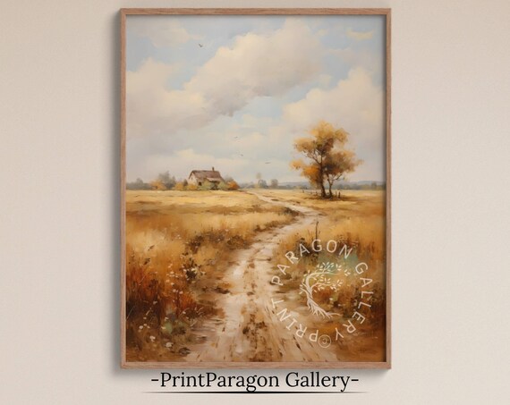 Golden Wheat Field Country Cottage Dirt Road Fall Landscape Poster