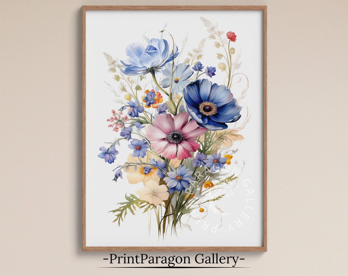 Colorful Wildflower Bouquet Sketch Blue Pink Cosmos Blossoms Poster