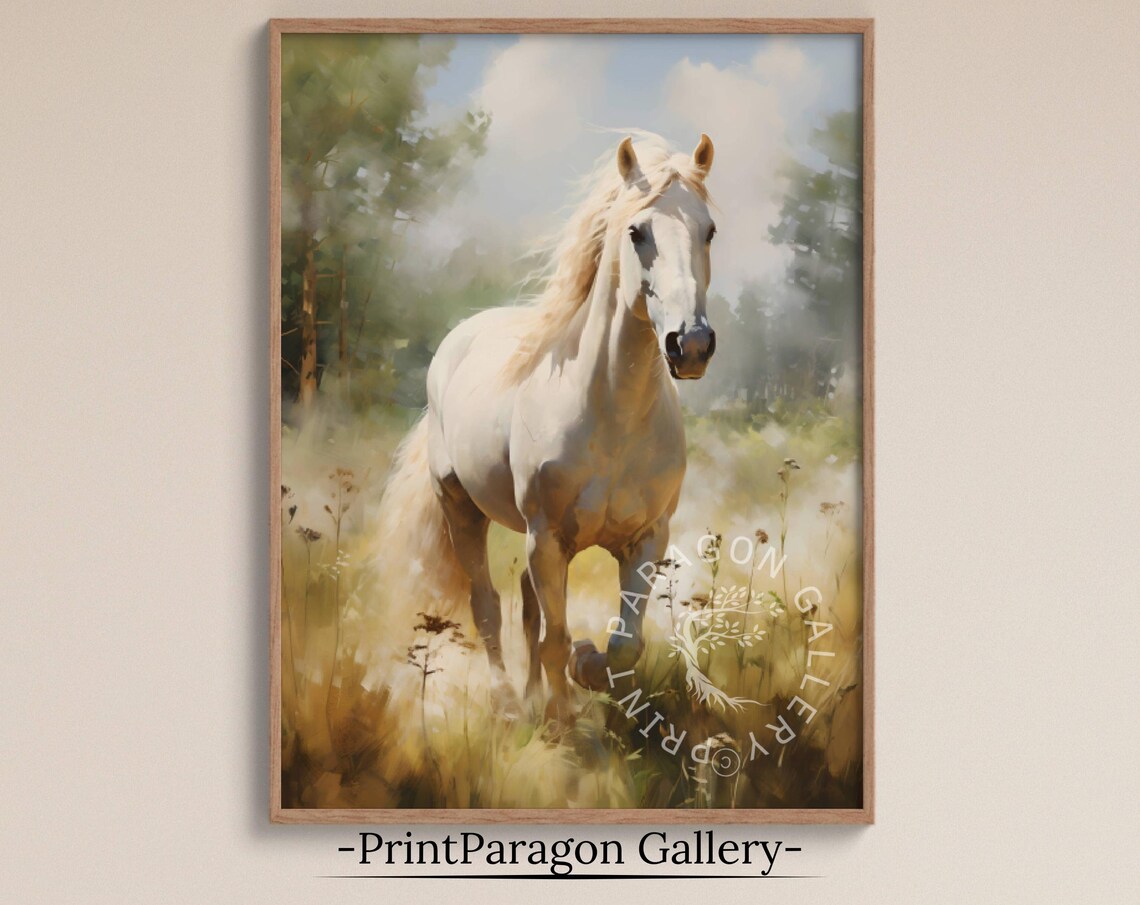 White Horse in Golden Meadow Graceful Equine Oil Painting Poster
