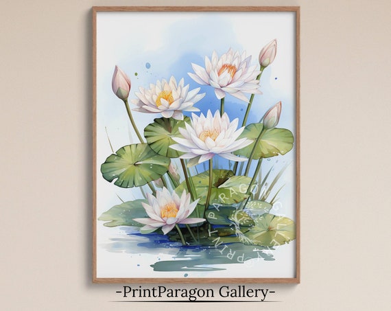 Water Lilies Painting Flowers Wall Art Flower Wall Decor Pisces Zodiac Flower Print Art Floral Sketch Home Decor Spring