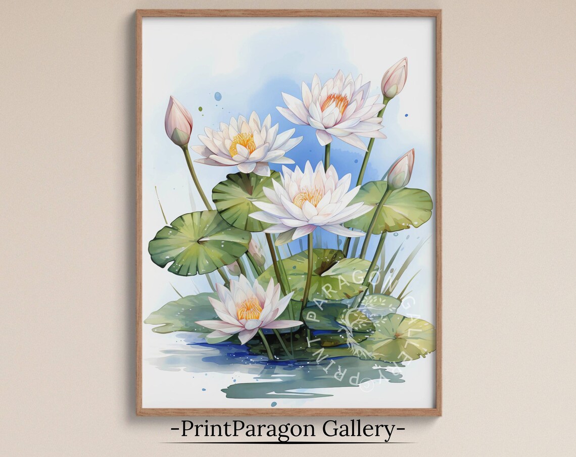 White Water Lilies on Blue Pond Botanical Watercolor Art Poster