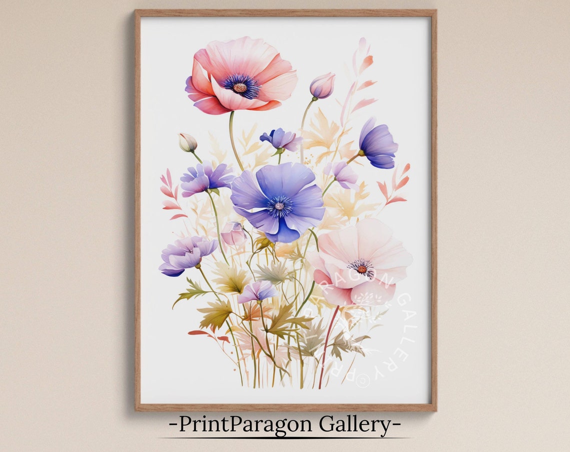 Pastel Anemone and Poppy Blossoms Soft Floral Watercolor Poster