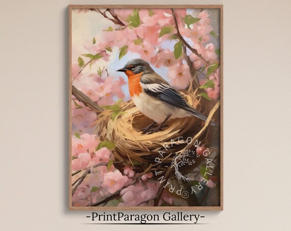 Cherry Blossom Bird Nesting in Spring Blooms Oil Painting Poster