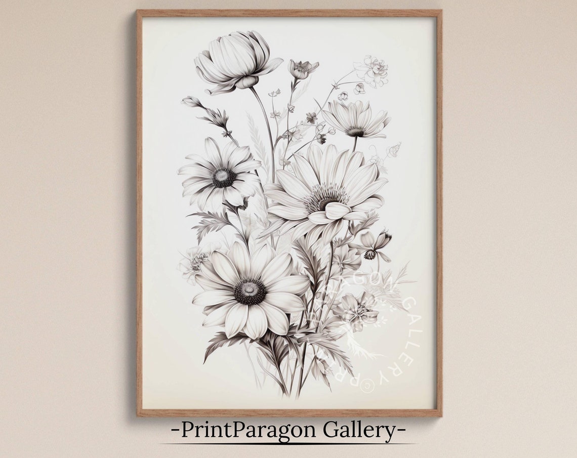 Black and White Daisy Botanical Sketch Monochrome Floral Art Poster