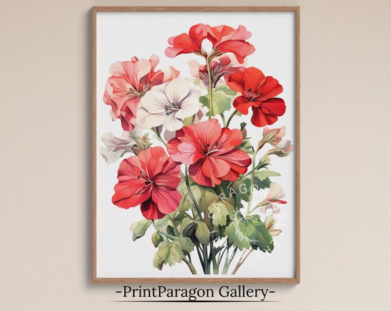 Red Geranium Clusters Fresh Summer Blooms Watercolor Art Poster