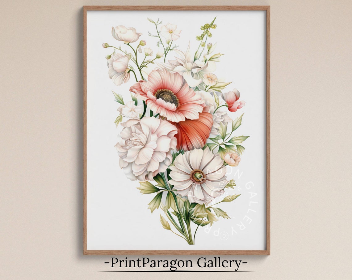 Coral Anemone Bouquet Delicate White and Pink Blooms Art Poster