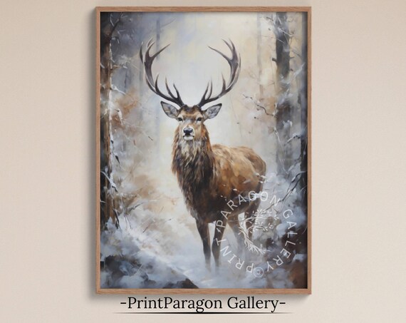 Majestic Stag in Snowy Forest Antlers Wildlife Portrait Poster