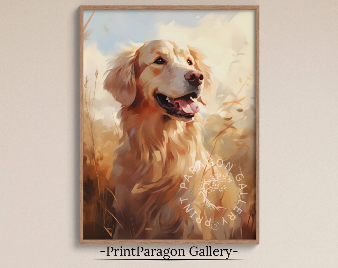 Happy Golden Retriever Portrait Sunlit Dog Oil Painting Art Poster