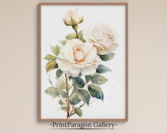 Elegant White Roses Watercolor Fresh Blooms and Buds Art Poster