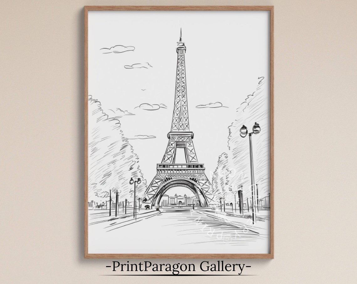 Eiffel Tower Paris Street Sketch Line Drawing Lampposts Clouds Poster