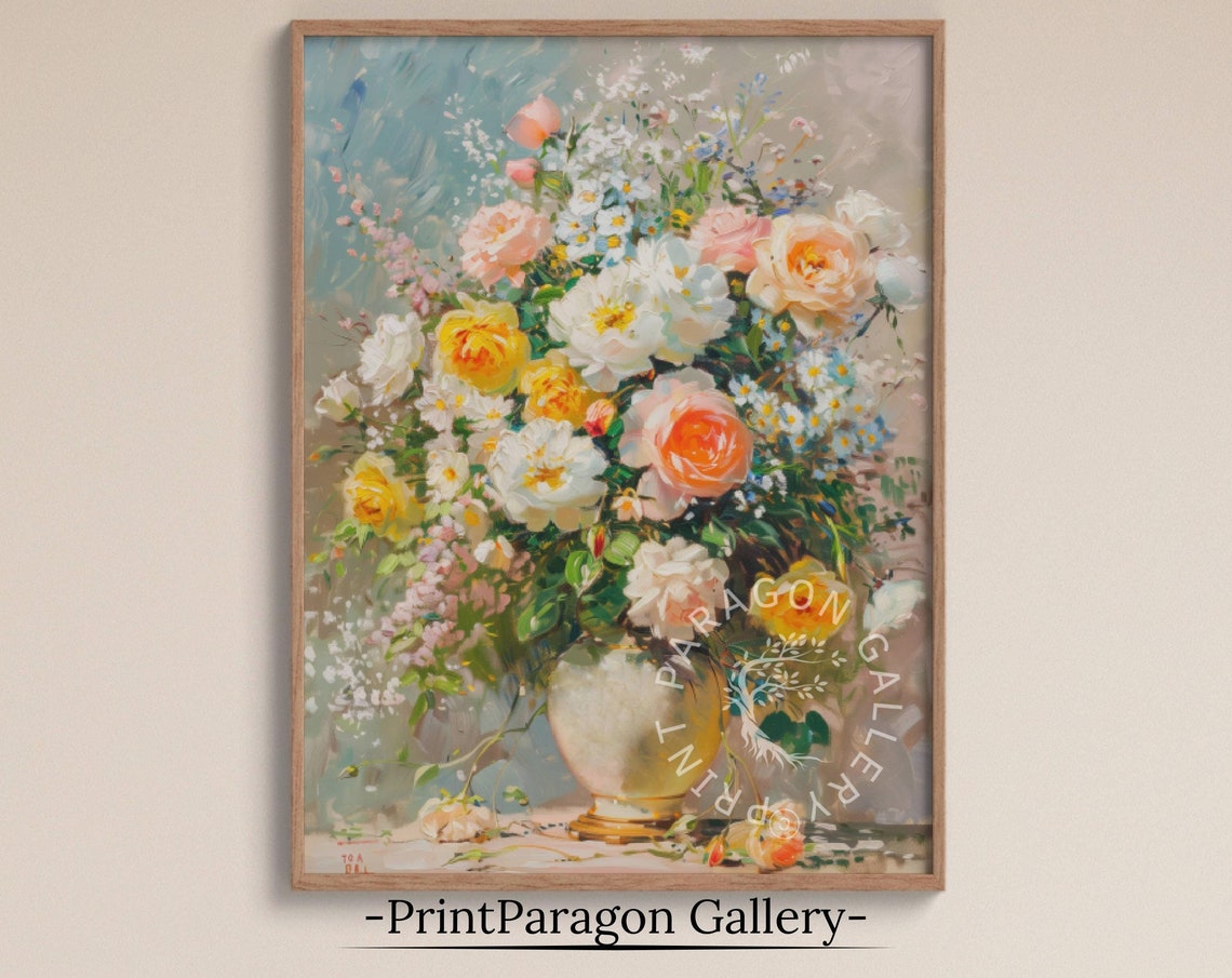 Pastel Roses Bouquet Vintage Floral Vase Impressionist Poster