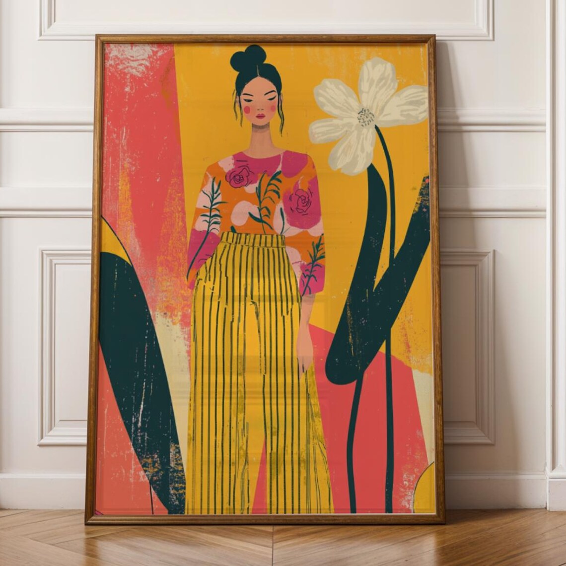 Abstract Floral Woman Portrait Print Striped Minimalist