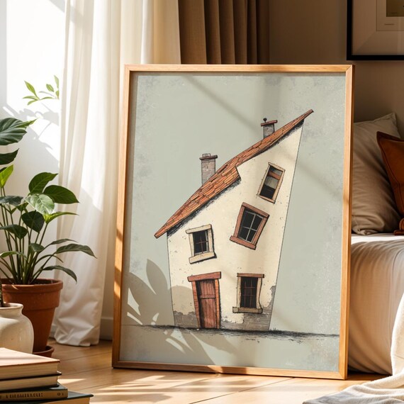 Naive Art White House Print Rustic Farmhouse Wall Decor Neutral Boho Whimsical Cottage Illustration Eclectic Apartment