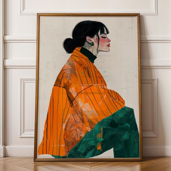 Orange Blouse Profile Portrait Modern Fashion Illustration Print