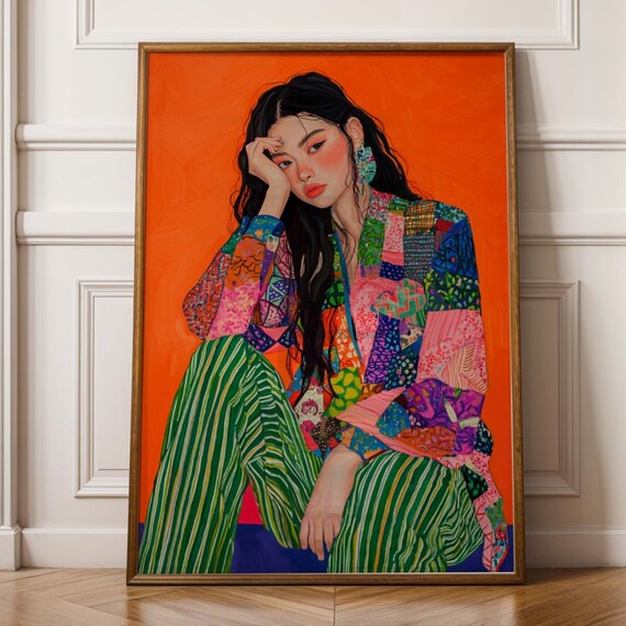 Boho Woman in Vivid Patchwork Jacket Orange Background Art Print