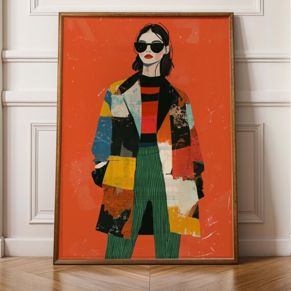 Stylish Woman Sunglasses Patchwork Coat Retro Fashion Art Print