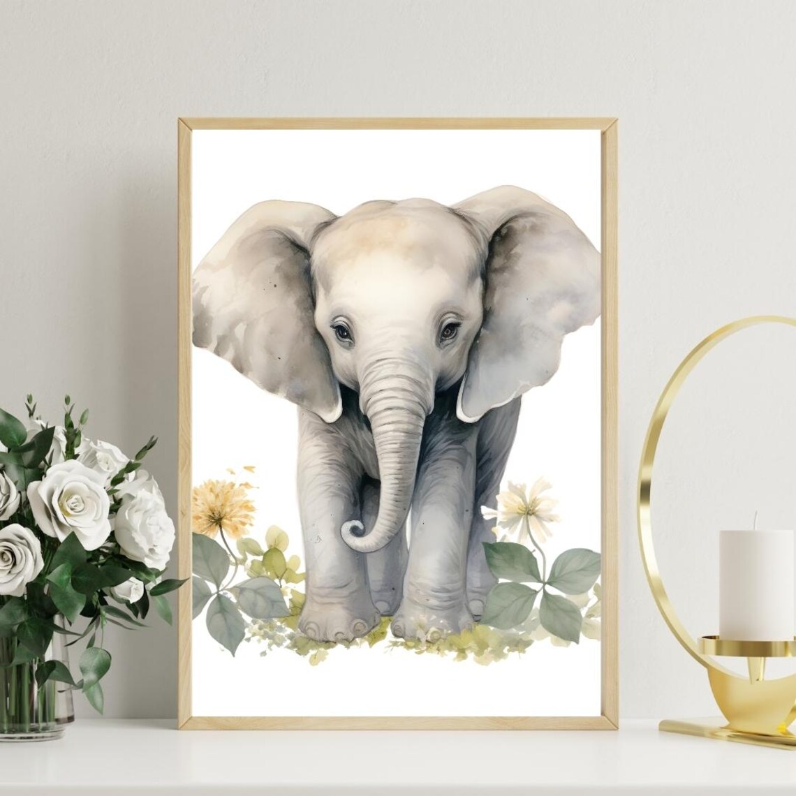 Baby Elephant Watercolor Wildflowers Sweet Nursery Art Print