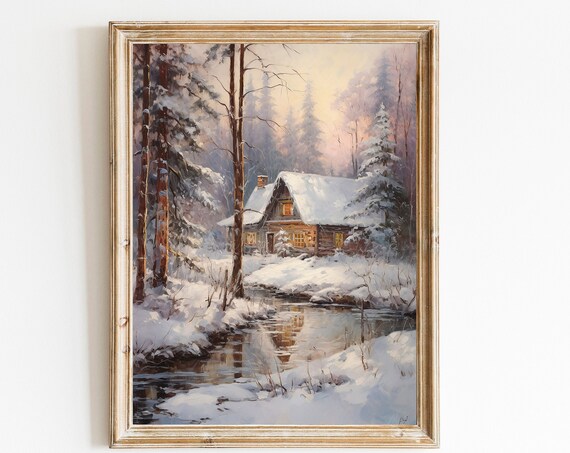 Snowy Log Cabin by Winter Stream Vintage Christmas Landscape Poster