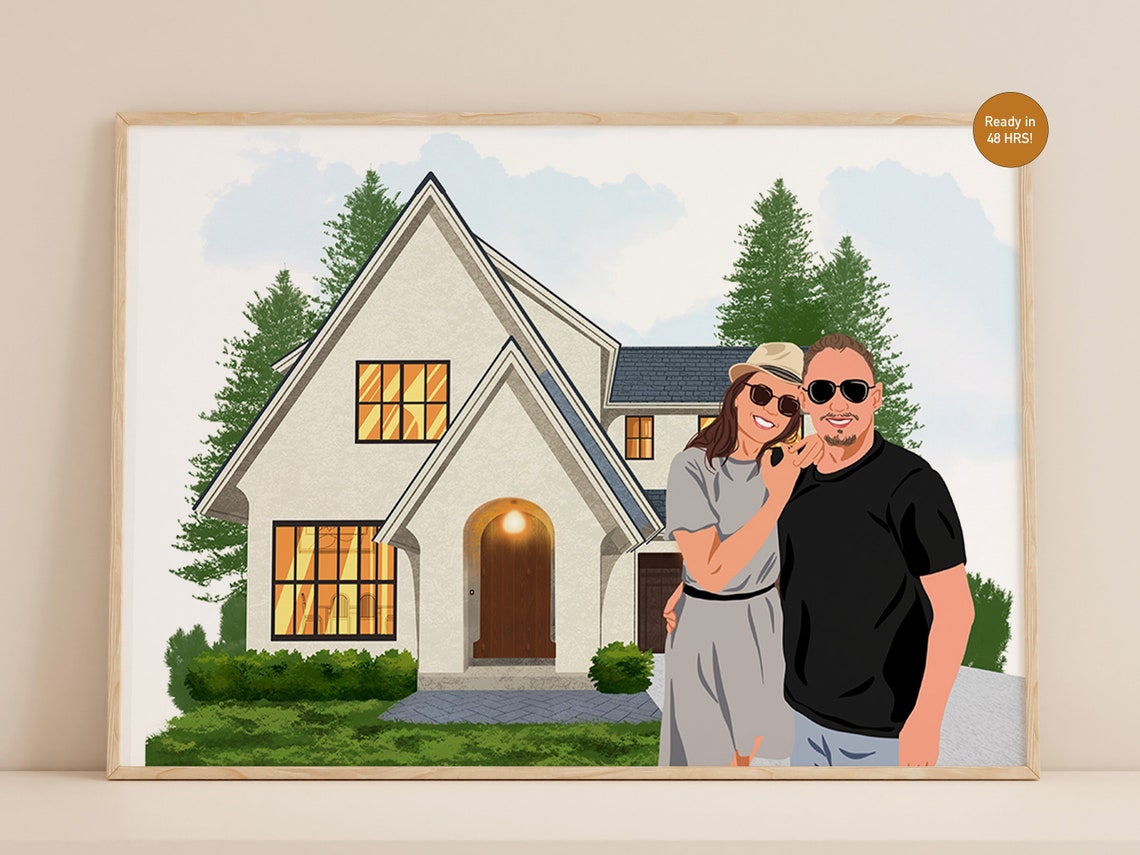 Custom Couple House Portrait Illustration Modern Farmhouse Poster